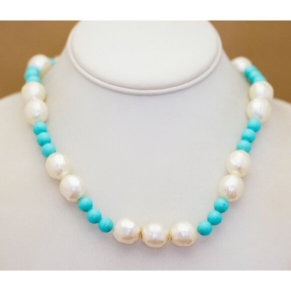 26 inch, Vintage White Faux Pearls Blue Beads Beaded Necklace - U28 - Picture 2 of 3